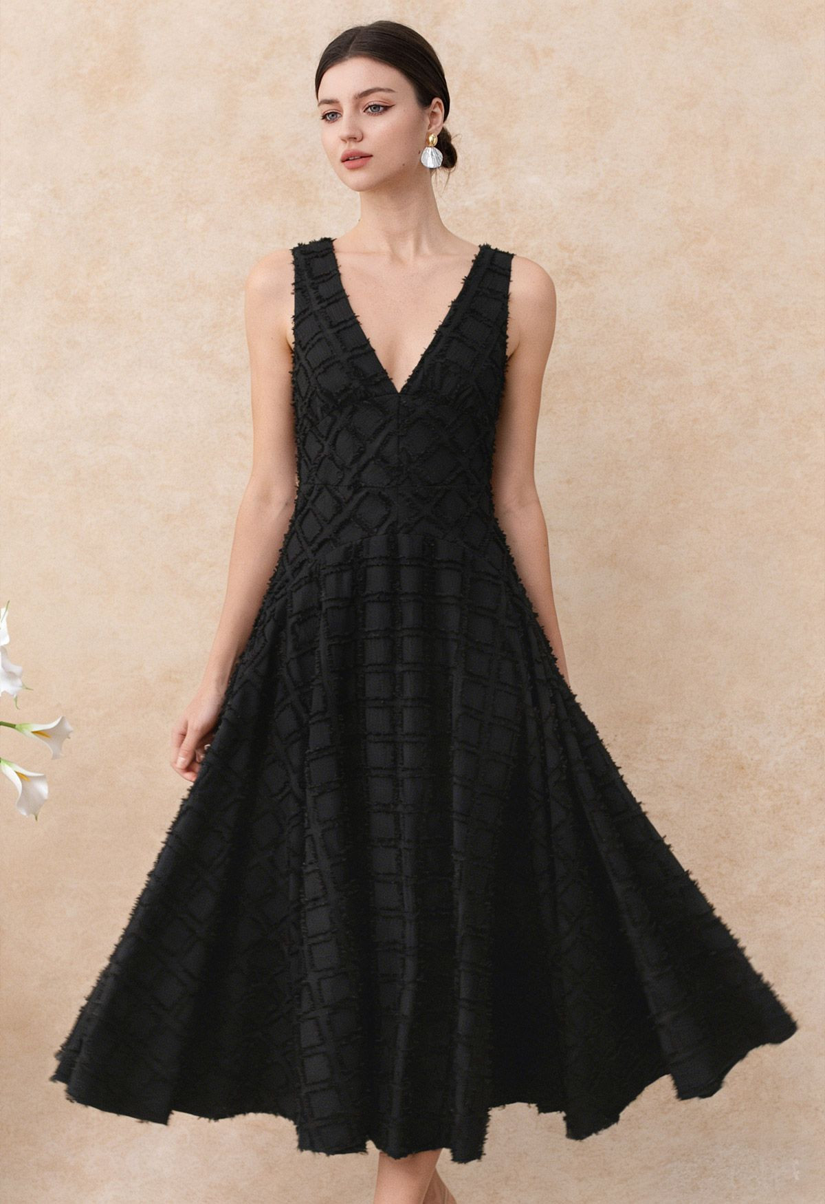 Deep V-Neck Fringe Grid Midi Dress in Black for Cultural Events & Art Fairs | Chicwish