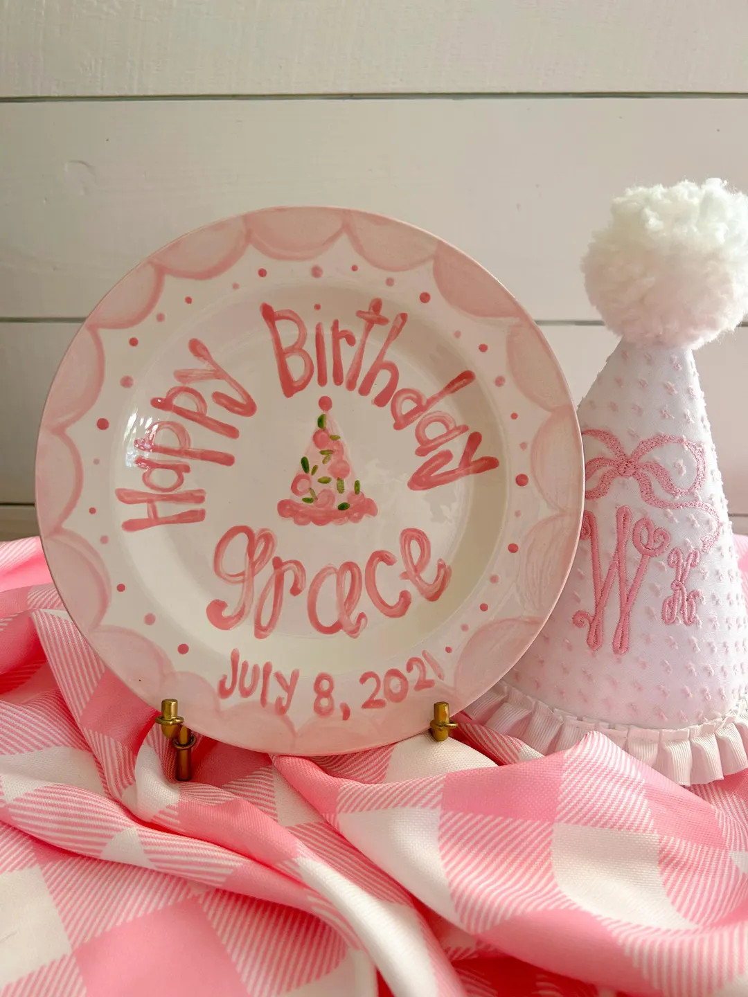 Personalized Girl Birthday Plate Pink Scallops, Party Hat - Hand-painted Ceramic - Etsy | Etsy (US)