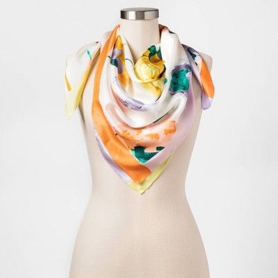 Women's Floral Print Silk Square Scarf - A New Day™ Cream  One Size | Target