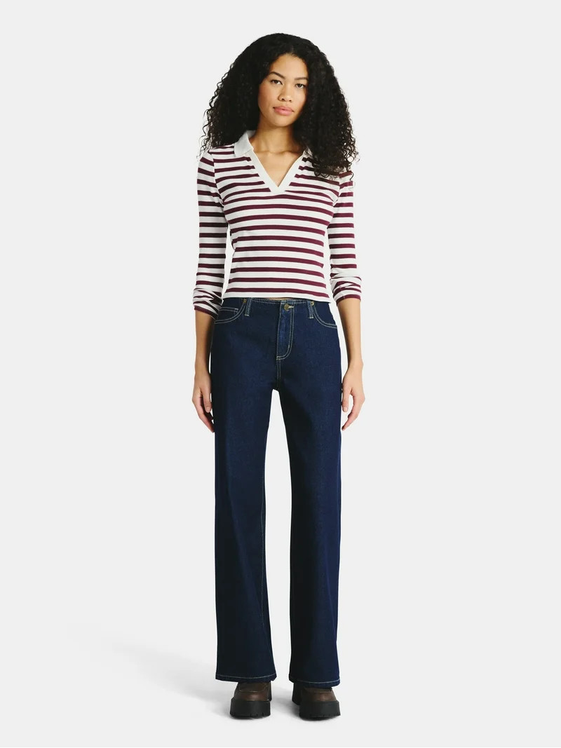 No Boundaries Johnny Collar Tee with Long Sleeves, Women's | Walmart (US)