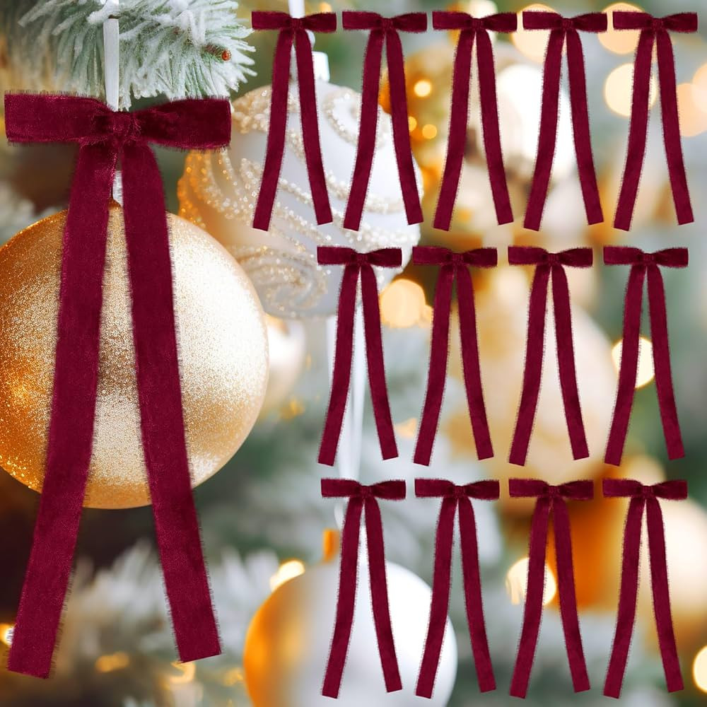 20 Pcs Velvet Christmas Bows 4.7" x 11" Pre Tied Handmade Fringe Velvet Ribbon Bows Rustic Crafts... | Amazon (US)