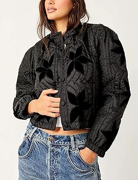 Yimoon Women's Cropped Quilted Jacket Lightweight Floral Embroidery Puffer Jacket Button Down Pad... | Amazon (US)