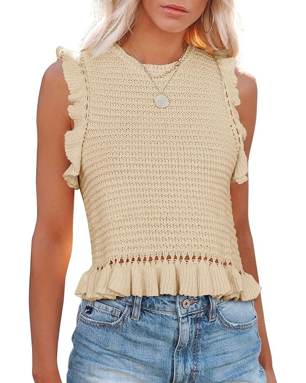 PiePieBuy Women's Summer Knit Tank Tops Crew Neck Sleeveless Cami Shirts Tees Ruffle Sweater Vest | Amazon (US)