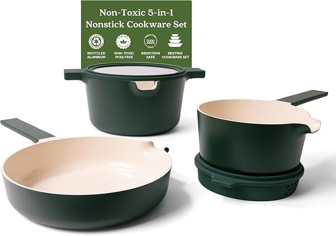 Alva Neat 5-in-1 Green Ceramic Nonstick Cookware Nesting Set, Recycled Aluminum Non-Toxic PFAS, P... | Amazon (US)
