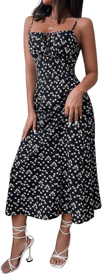 SweatyRocks Women's Boho Sleeveless Floral Dress Tie Front Flared Cami Maxi Dresses | Amazon (US)