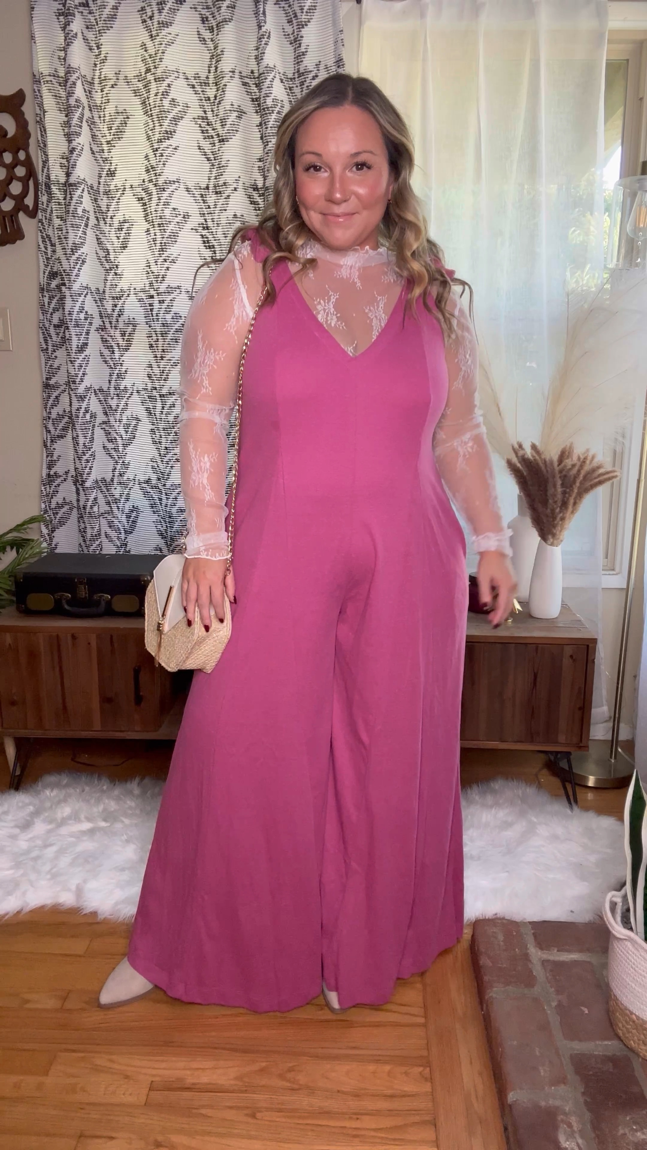 Midsize curvy Thanksgiving fall outfit 
Comfy and elevated
Wide leg jumpsuit size down I’m in a small 
Lace top size large soft and stretchy 
Booties size up! So comfy!!!!


#LTKHoliday #LTKmidsize #LTKover40