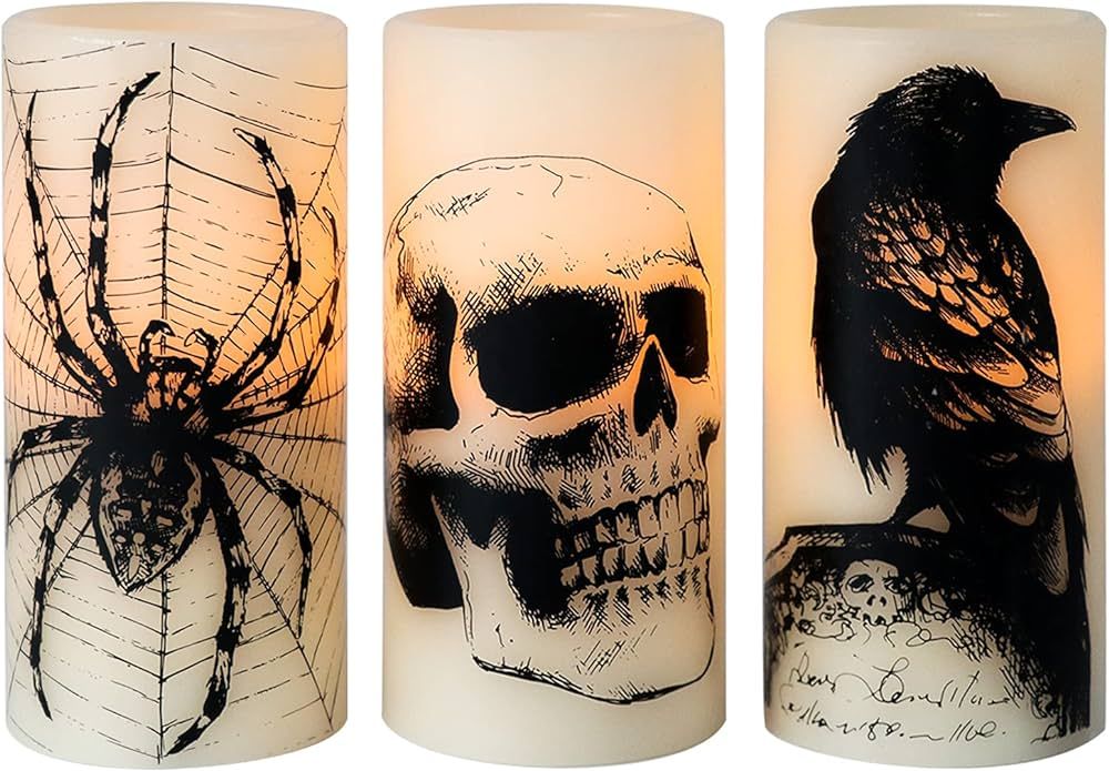 Eldnacele Halloween Flickering Candles with Skull, Spider Web, Crow Raven Decals Set of 3, Battery O | Amazon (US)