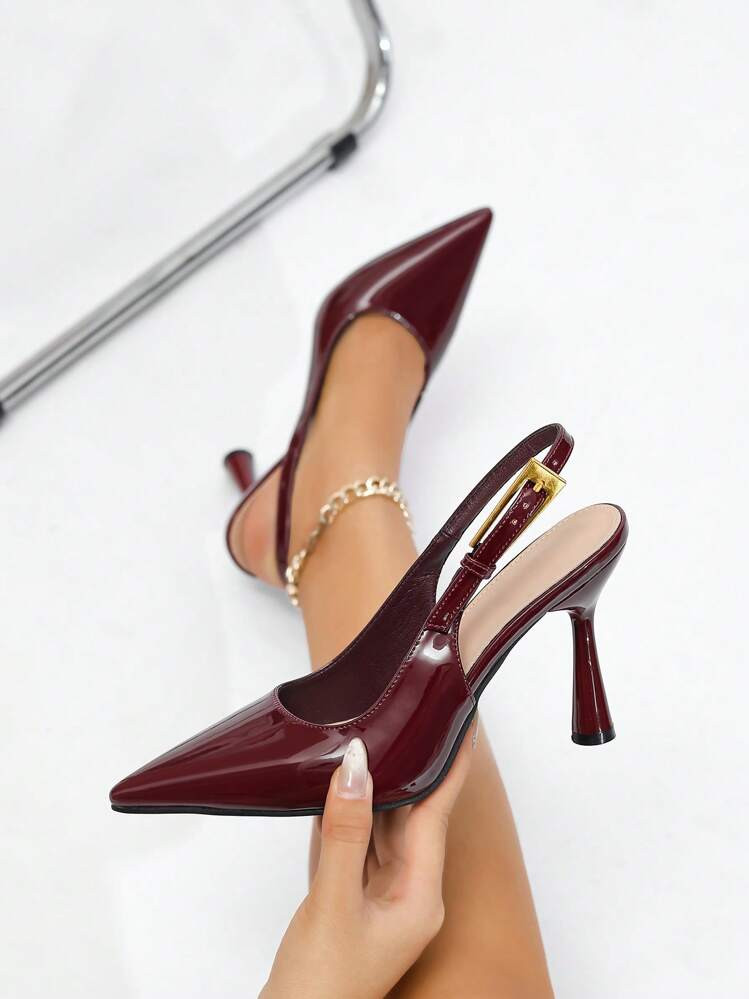 Fall/Winter 2025 Women's Pointed Toe High Heel Leather Slingback Shoes With Decor Buckle, Elegant, Women Pumps | SHEIN