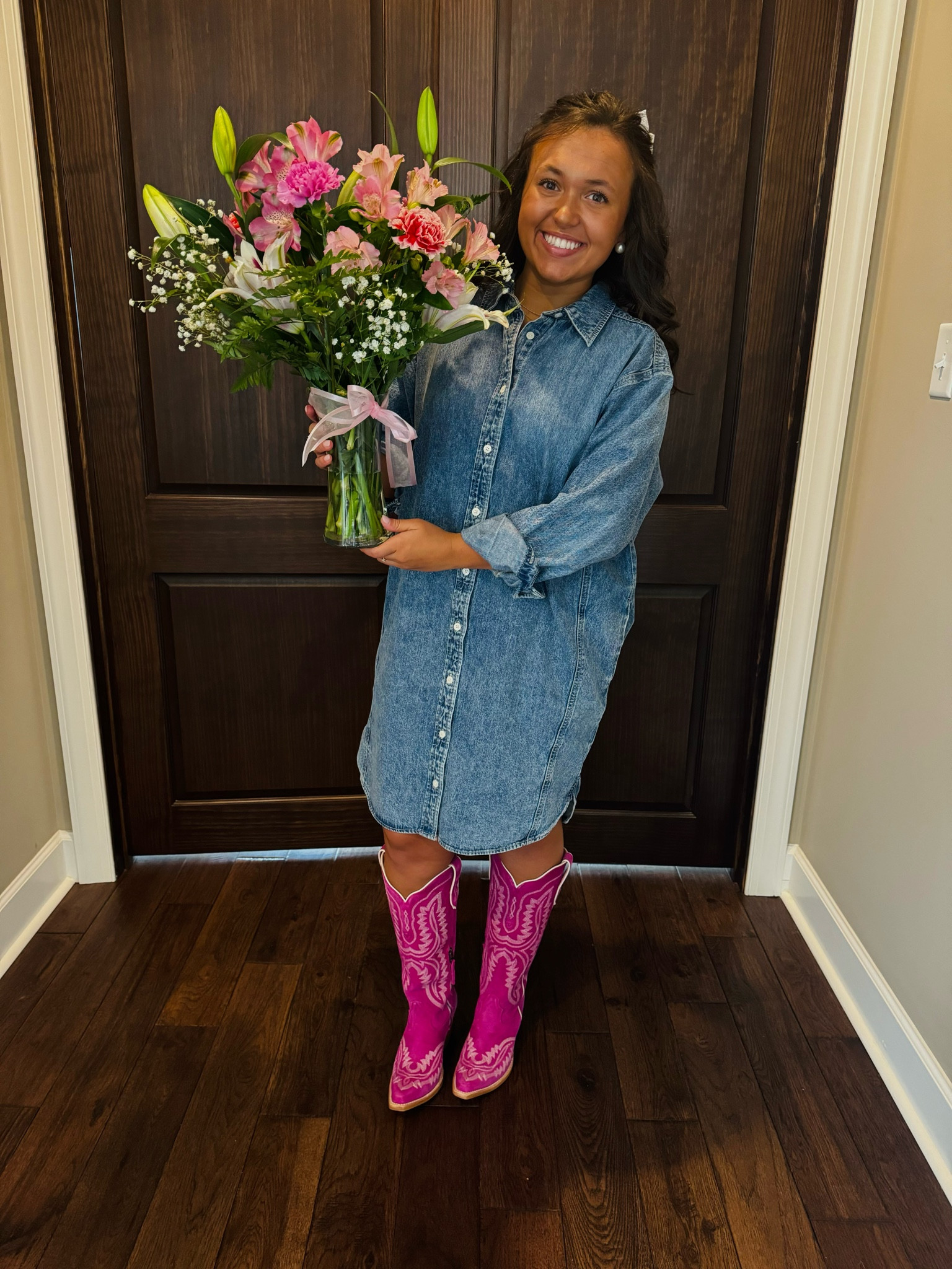 It’s Target Circle Week & my favorite dress is currently 30% off!! I have worn it with cowboy boots, sneakers, & sandals. It’s the perfect dress for spring/summer 🌸  I’m wearing a size Small for reference! 

Denim dress. Denim button down dress. Pink cowboy boots. Ariat boots. Ariat Casanova boots. Target dress. Target circle week. Bows for hair. Concert outfits. Birthday outfits. 

#LTKxTarget #LTKstyletip #LTKsalealert