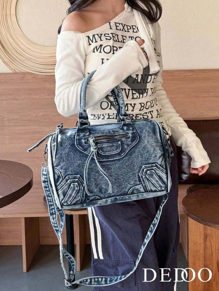 New Vintage Washed Denim Crossbody Bag, Casual Y2K Style Shoulder Bag, Dual Handle Tote Bag, Compact Design With Large Capacity, Suitable For Work Commute, Shopping, Travel And Back To School, Fashionable Street Style Bag, Medium Size Denim Crossbody Bag, Perfectly Fits Denim Girl Style | SHEIN