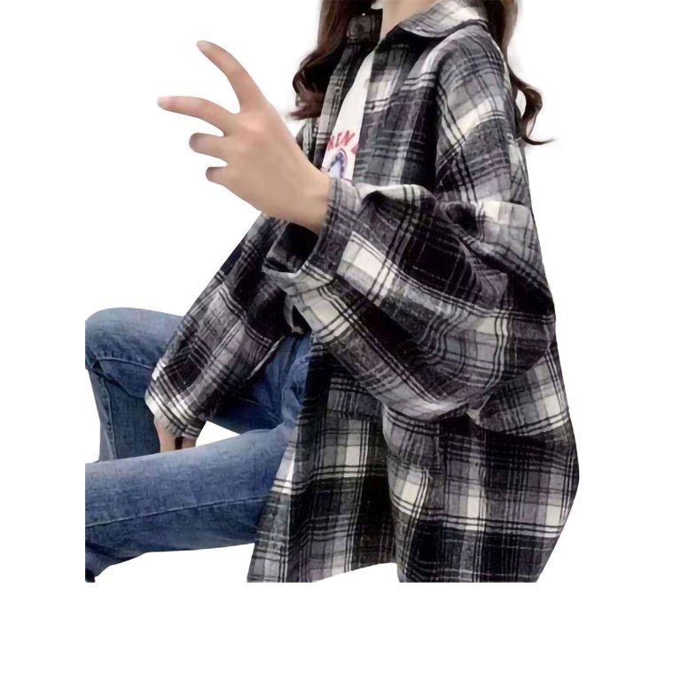 Lady Stylish Loose Fit Turn Down Collar Plaid Flannel Shirts Women Casual Long Sleeve Button Down... | Walmart (US)