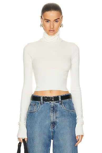 Eterne Cropped Fitted Turtleneck Top in Cream - Cream. Size L (also in ). | FWRD 