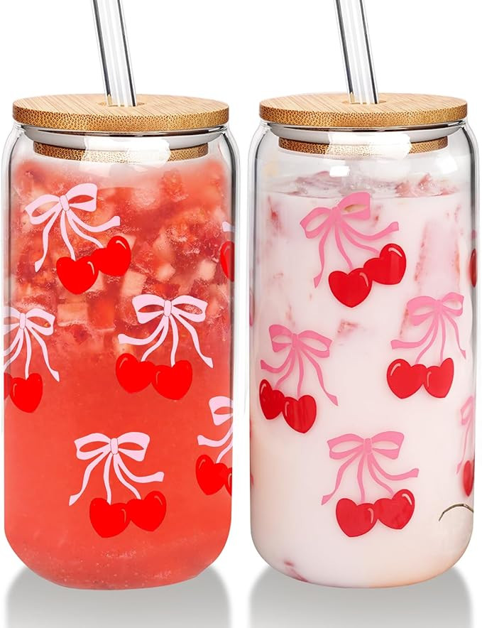 Mason Life Cherries Bows Glass Cups with Lids and Straws, 18OZ Cherry Decor Iced Coffee Cups with... | Amazon (US)
