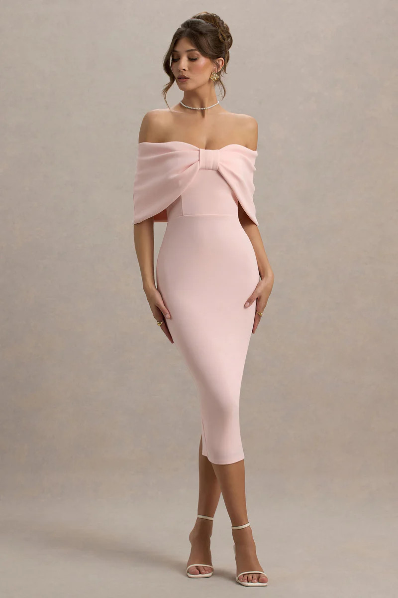 Bayshore  Pink Bow Bardot Midi Dress | Club L London