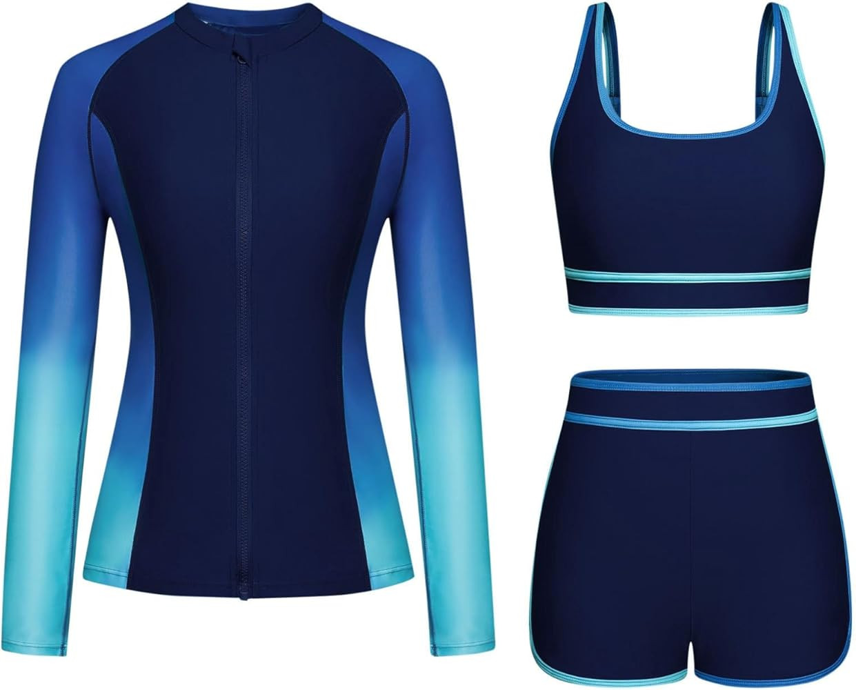 3 Piece Swimsuits for Women Long Sleeve Rash Guard Bathing Suit with Boyshorts Modest Zip Up Swim... | Amazon (CA)