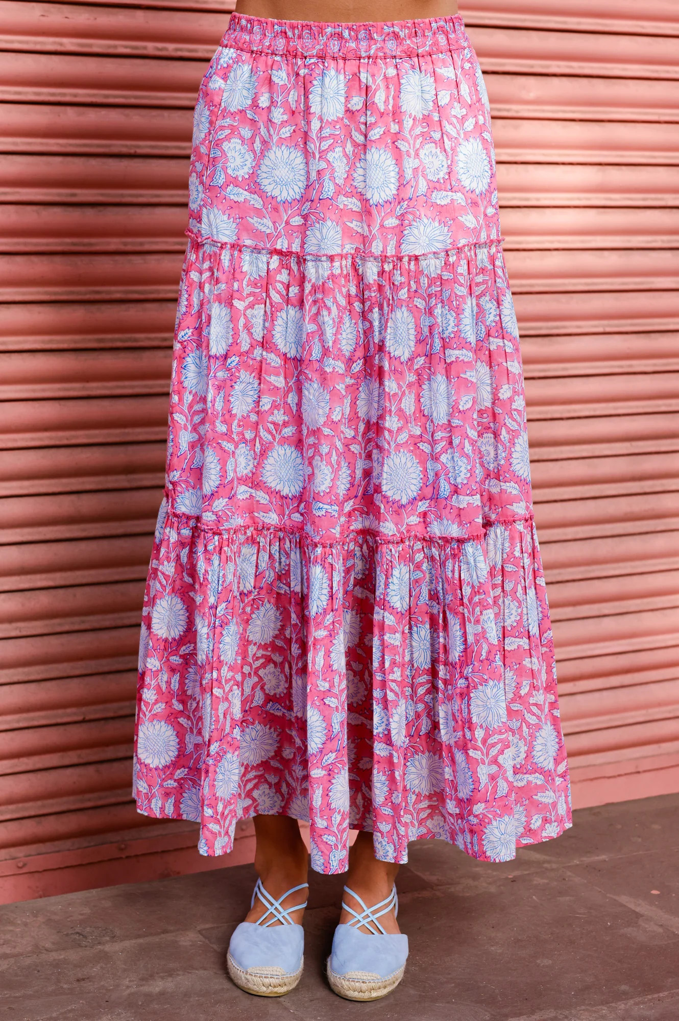 Becks Organic Cotton Block Print Skirt | Sunflower Pink/Cobalt | Aspiga US