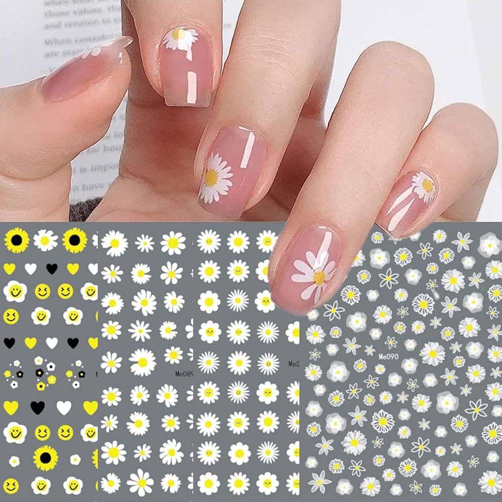 12 Sheets Spring Daisy Sunflower Nail Art Stickers Decals Self Adhesive Cute Smile Face Summer Wh... | Amazon (US)