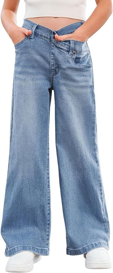 rrhss Girls Flare Jeans Crossover Waisted Wide Leg Jeans Denim Pants for Kids | Amazon (US)