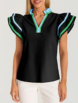 Cicy Bell Womens Ruffle Cap Sleeve Tops Color Block V Neck Dressy Casual Blouses Summer Pleated L... | Amazon (US)