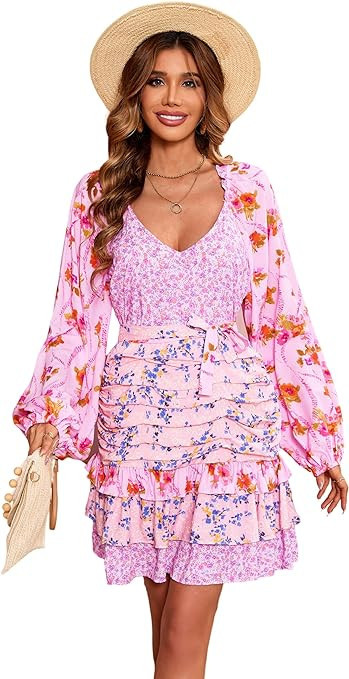 R.Vivimos Women's Summer Long Sleeve Boho Dress V Neck Floral Print Layered Ruffle Patchwork Casu... | Amazon (US)