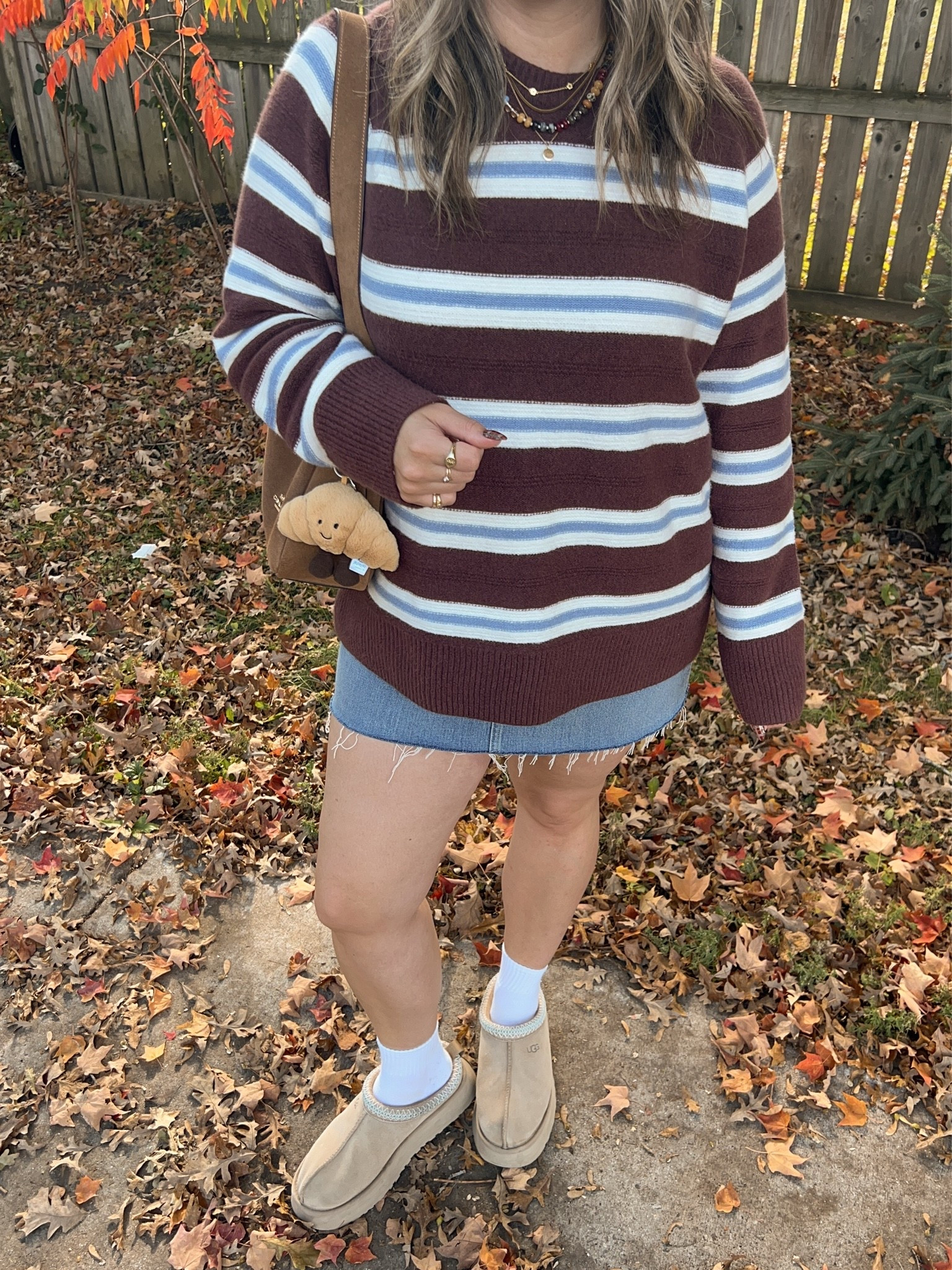 Casual fall outfit! Sized up to XL in the striped sweater for an oversized fit. I bought this Abercrombie denim skirt last year in a size 32, if I was repurchasing I would get a 30 or 31. I’m a 30 in their jeans! Ugg Tazz platforms are so comfy and TTS