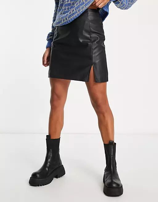 New Look Petite pu mini skirt with slit in black | ASOS (Global)