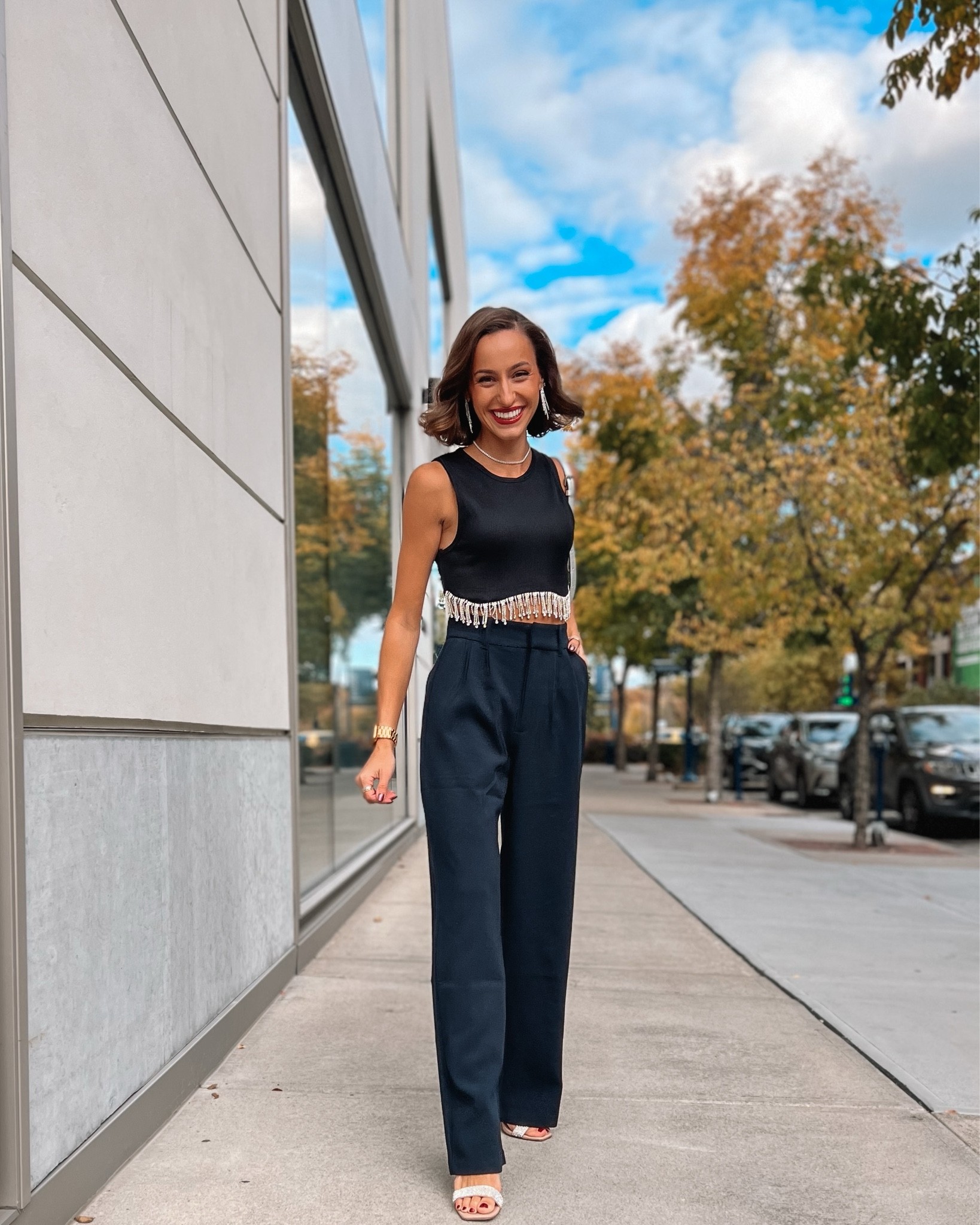 Amazon Zara dupe rhinestone trim tank runs tts (wearing an xs). Abercrombie high rise trouser pants run small, size up (wearing an xs) 

#LTKHoliday #LTKSeasonal #LTKunder100