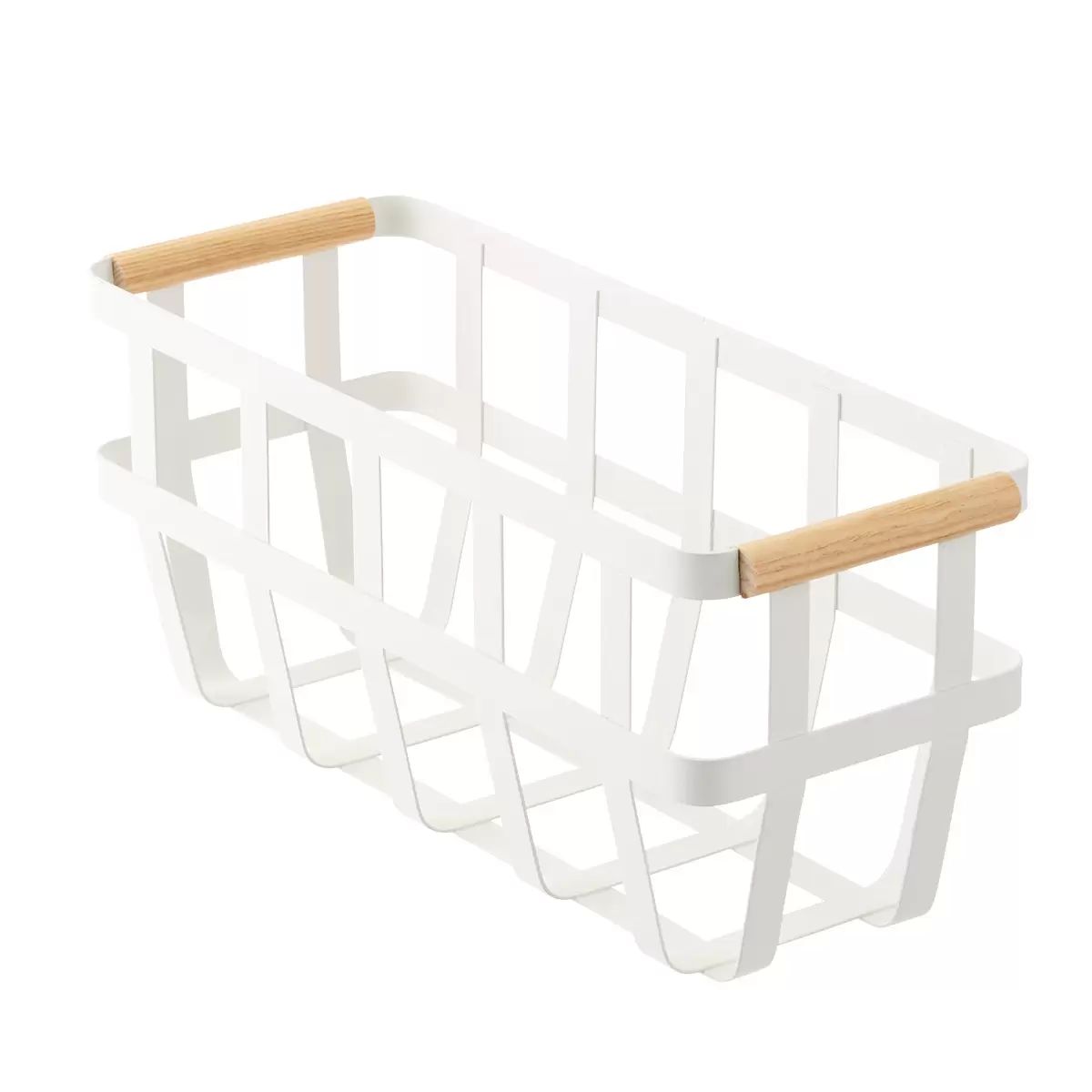 Yamazaki Slim Tosca Basket w/ Wooden Handles White/Natural | The Container Store