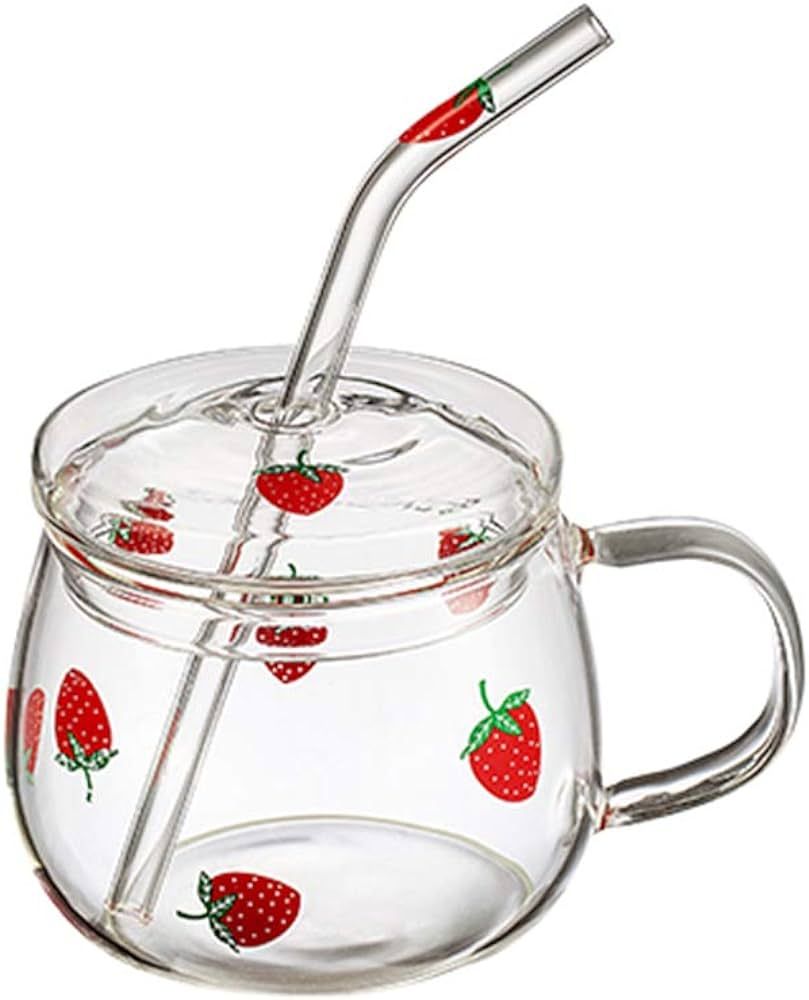 JHNIF 10 Oz Lovely Strawberry Clear Glass Mug with Lid and Straw. | Amazon (US)
