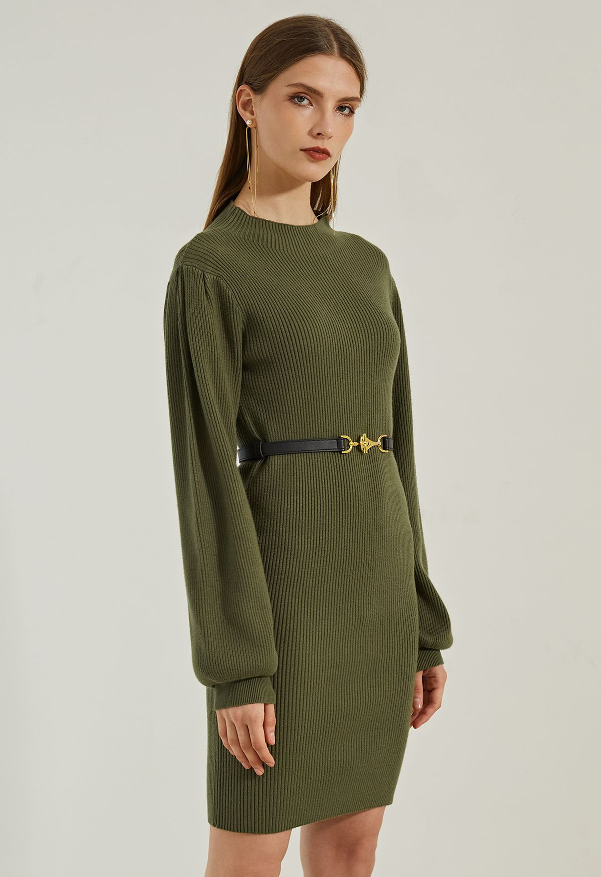 Lantern Sleeve Round Neck Ribbed Sweater Dress in Army Green | Chicwish