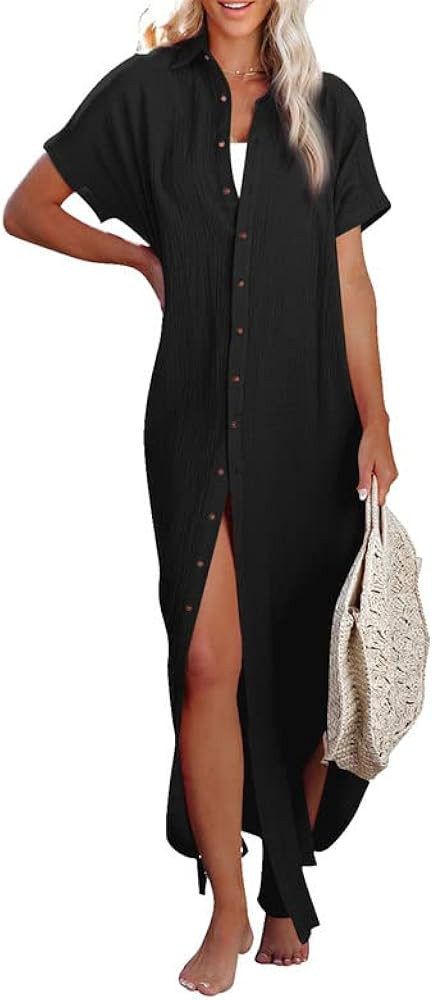 Dokotoo Womens Casual Short Sleeve Side Split Button Down Long Kimonos Cardigans Swimsuit Cover U... | Amazon (US)