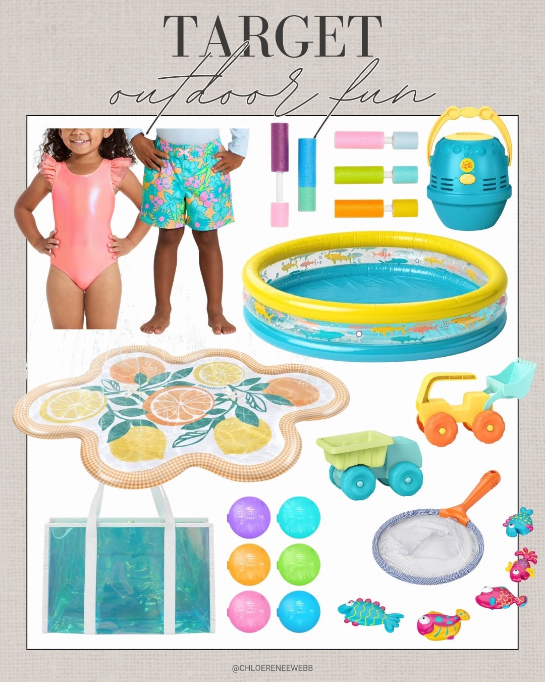 #targetpartner #target, @Target summer, Sun squad, toddler swimwear, swimsuit, kiddie pool, bubble maker, splash pad, dump truck sand toys, tote bag, reusable water balloons