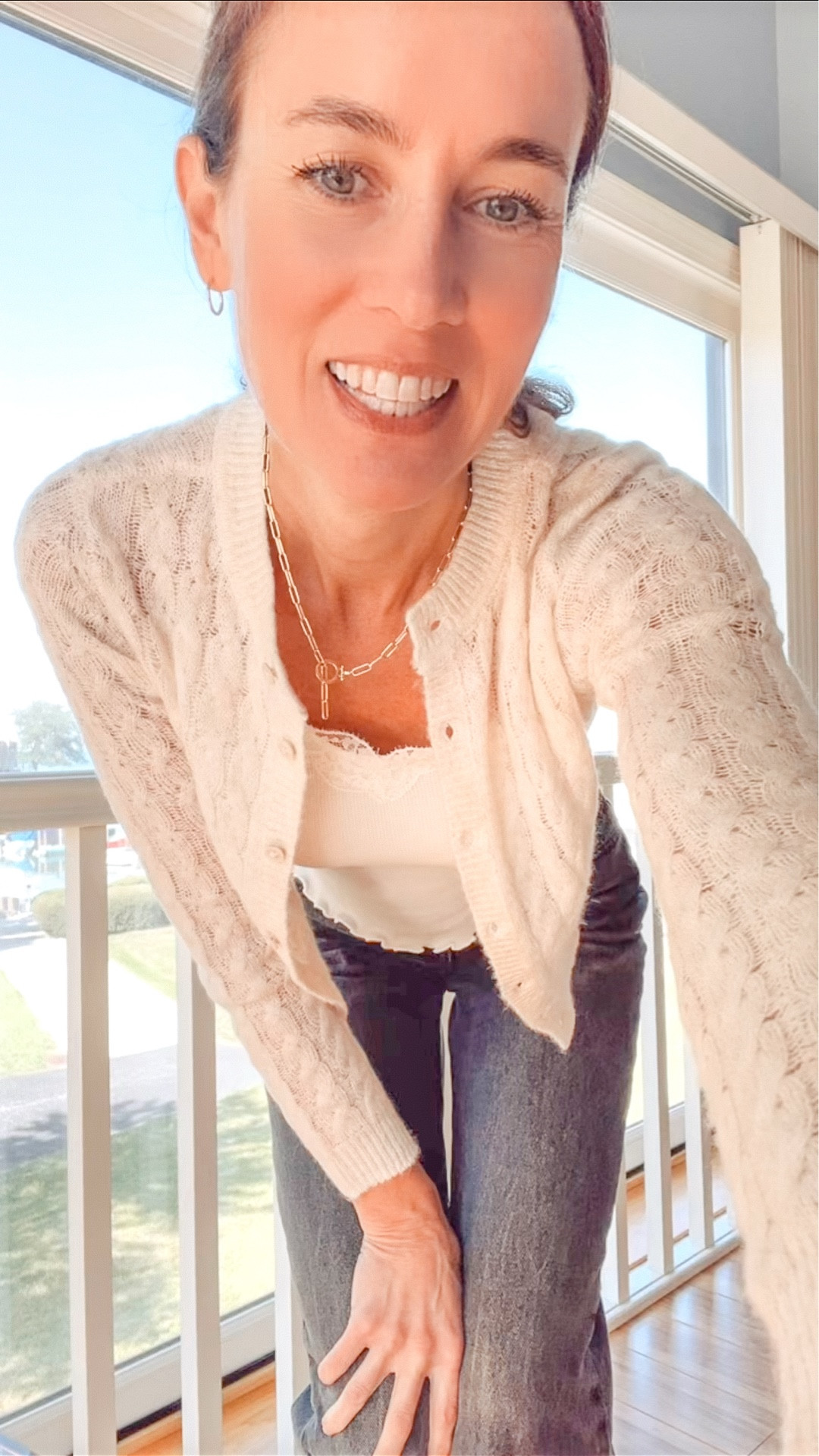 What I am wearing (fit check) from fall  : sales - Old Navy Lace Trim Cami Tank top, American Eagle Soft Button Cardigan in lace knit, Dark wash black baggy dad Levi's jeans, Gorjana gold chain necklace #over40style #aejeans #gorjana #oldnavy #over50style 

#LTKFallSale #LTKFindsUnder50 #LTKSaleAlert