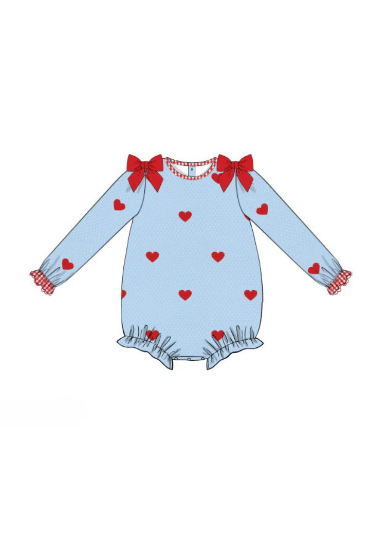 Pre-Order Embroidered Hearts Blue Honeycomb Bubble | The Smocked Flamingo
