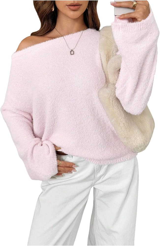 Verdusa Women's Cozy Off The Shoulder Sweater Fuzzy Knit Pullover Tops Fall Outfits | Amazon (US)