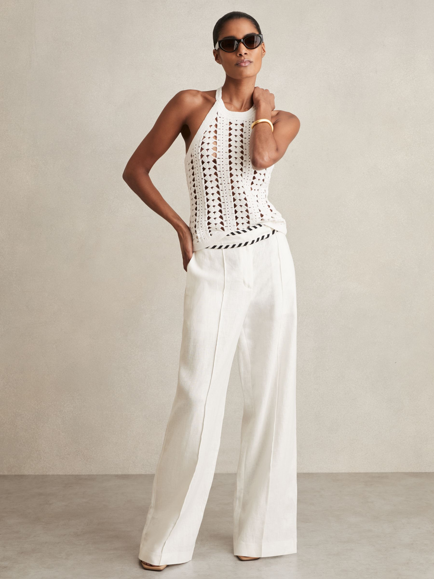 Linen Wide-Leg Whipstitch Trousers in White | Reiss DE