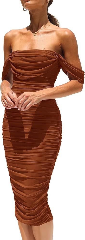 PRETTYGARDEN Womens Summer Off The Shoulder Ruched Bodycon Dresses Sleeveless Fitted Party Club M... | Amazon (US)