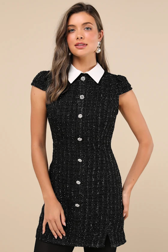 Instinctive Poise Black Lurex Tweed Collared Button Mini Dress | Lulus