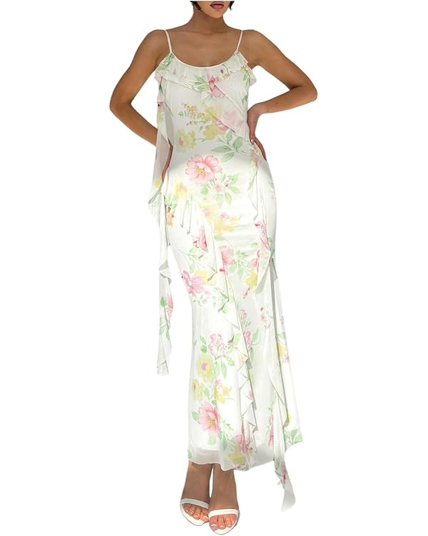 Milumia Women's Floral Mesh Ruffle Cami Dress Sexy Spaghetti Strap Bodycon Maxi Dresses | Amazon (US)