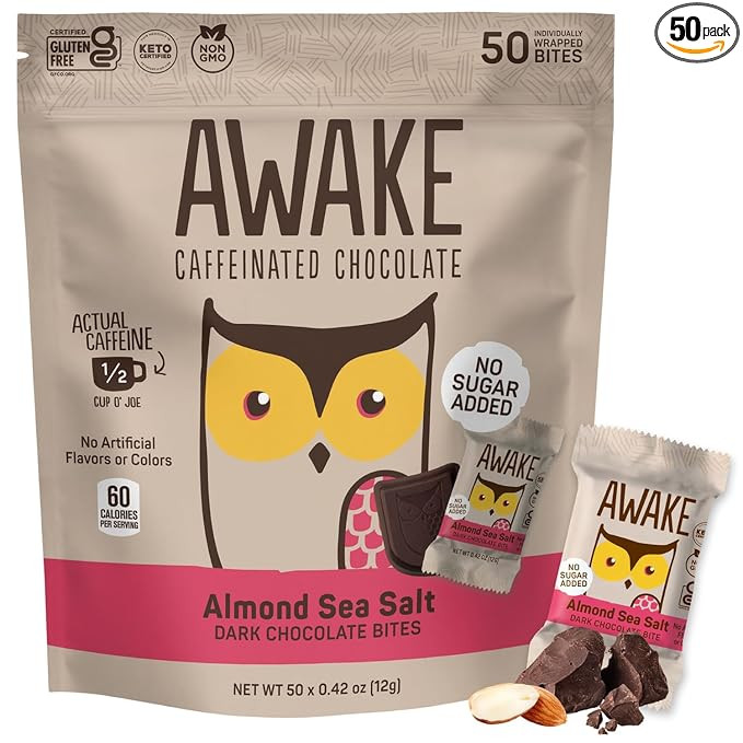 AWAKE - Caffeinated Chocolate Bites - Almond Sea Salt Dark Chocolate (No Sugar Added), 50 Bites -... | Amazon (US)