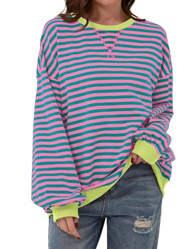 REIOASUD Womens Oversized Striped Sweatshirt Color Block Long Sleeve Shirt Crewneck Pullover Striped Sweater Y2k Clothes (Green,Medium) | Amazon (US)
