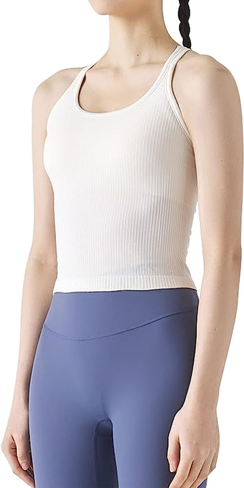 Ribbed Workout Short Racerback Tank Tops for Women with Built in Bra | Amazon (US)