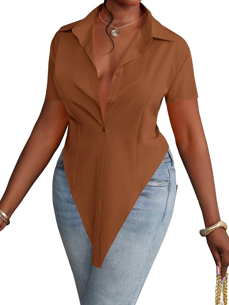 LYANER Women's Collar V Neck Button Front Short Sleeve Slit Hem Long Shirt Blouse Top | Amazon (US)