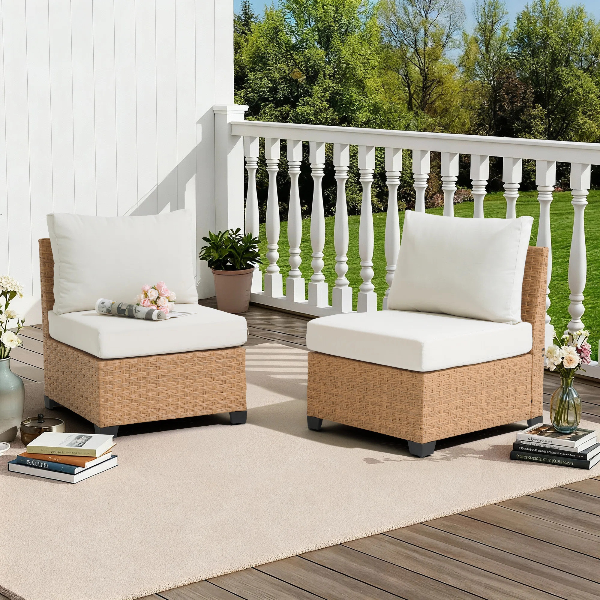 East Urban Home Outdoor Rattan Patio Armless Sofa With Cushions | Wayfair | Wayfair North America