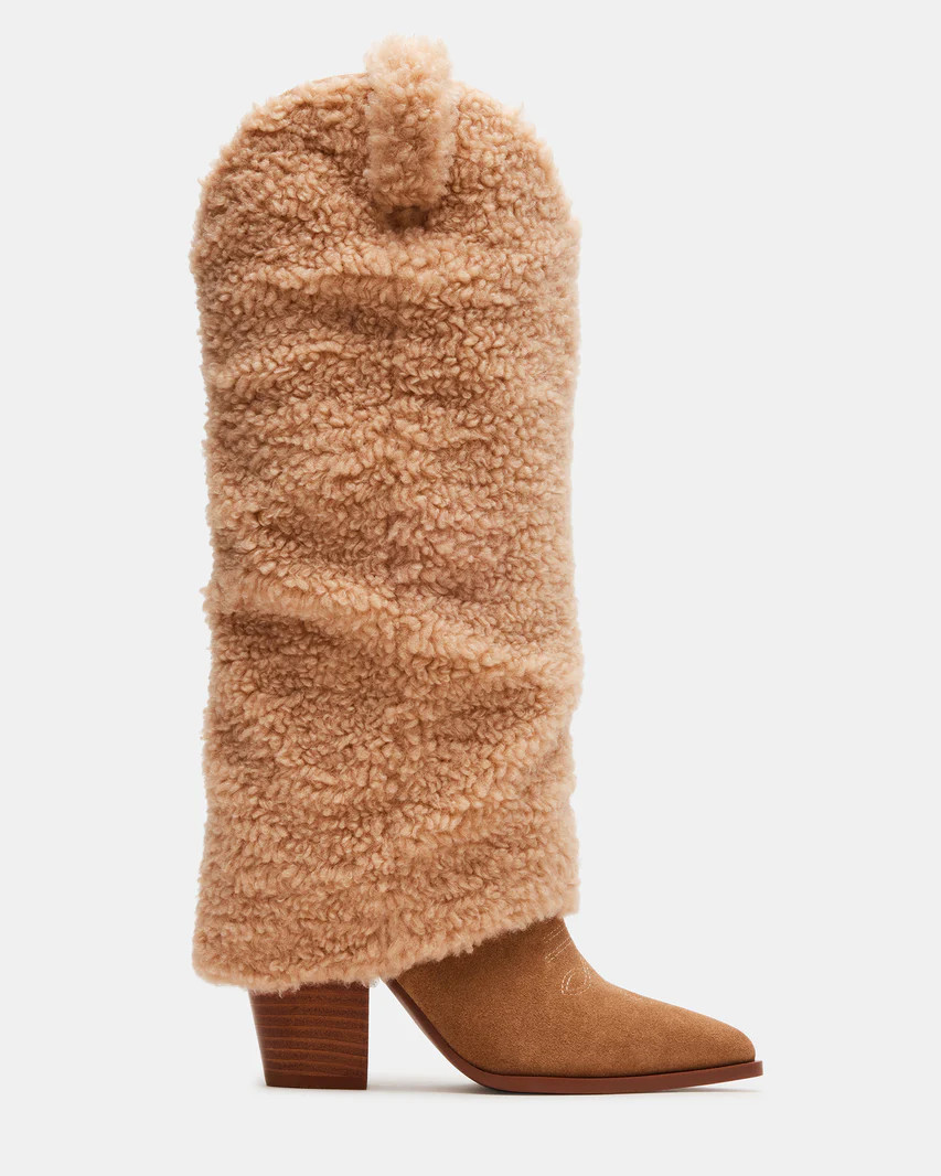 LASSY Tan Multi Knee High Faux Fur Fold Over Western Boot | Women's Boots | Steve Madden (US)
