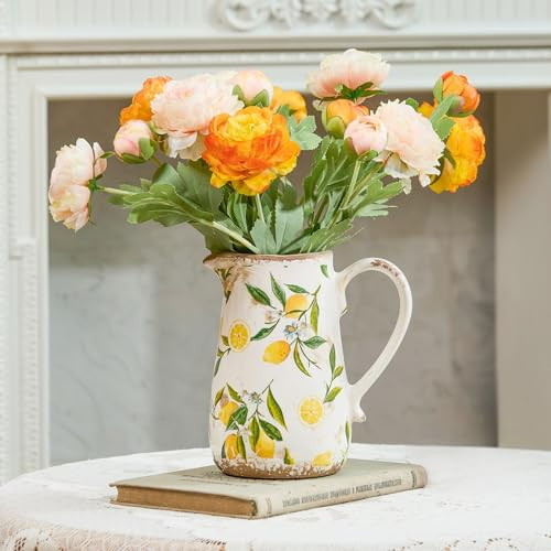 Vintage Lemon Ceramic Vase with Handle, Retro Ice Glazed Crack Farmhouse Pitcher Vase for Home Decor, Living Room, Shelf, Office, Rustic Table Centerpiece 7 Inch | Amazon (US)