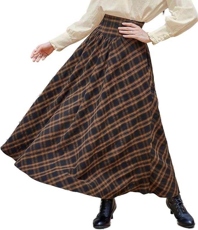 Scarlet Darkness Women Victorian Skirt Plaid Maxi Tartan High Waist A-Line Skirt | Amazon (US)