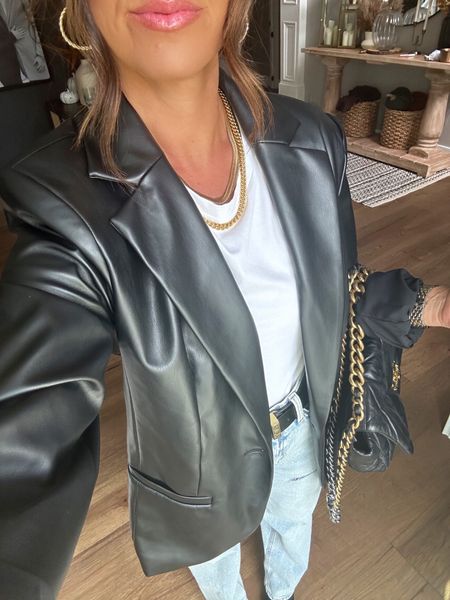 Leather blazer outfit I’m loving 
Jeans 
White tee 
Fall outfits 
Fall style 
Black jacket 

#LTKstyletip #LTKSeasonal #LTKfindsunder100