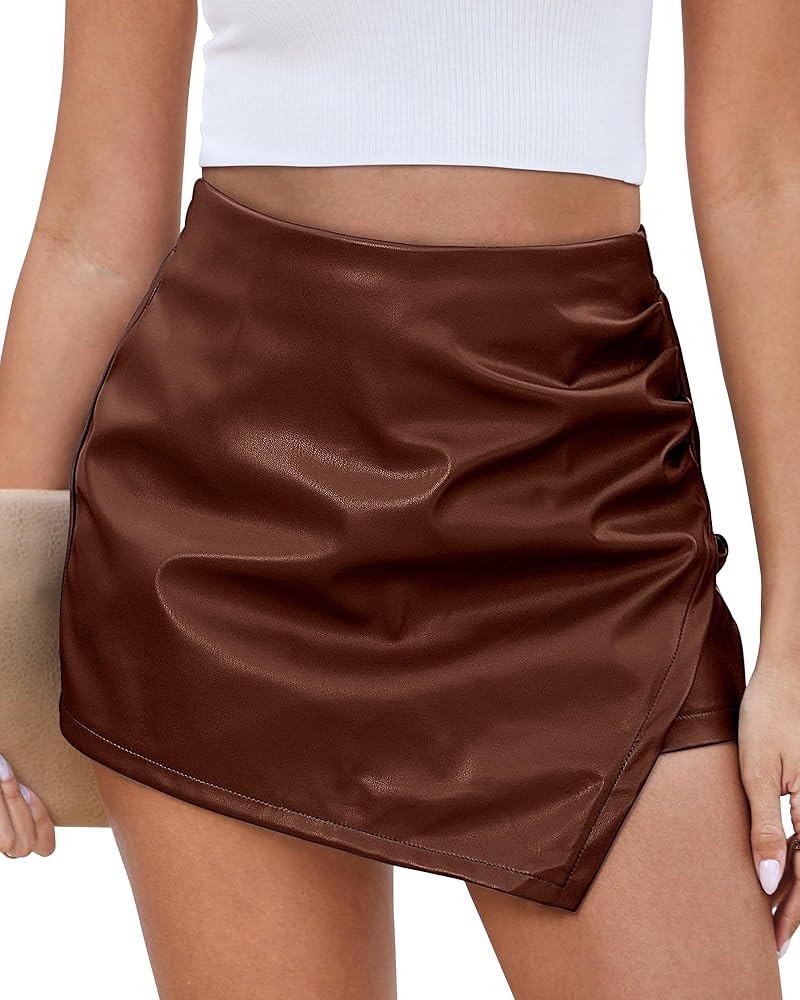 Vetinee Faux Leather Skorts for Woman High Waisted Pull On Shorts Elastic Waist Ruched Wrap Asymm... | Amazon (US)
