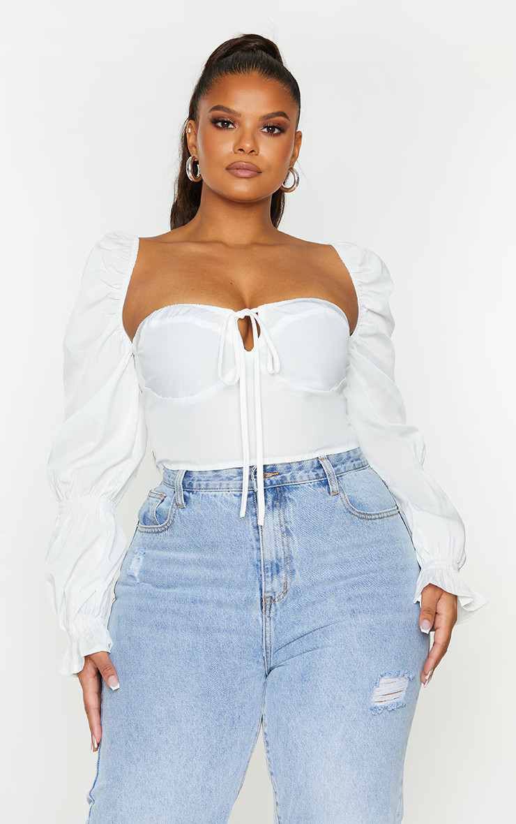 Plus White Puff Sleeve Bardot  Crop Top | PrettyLittleThing US